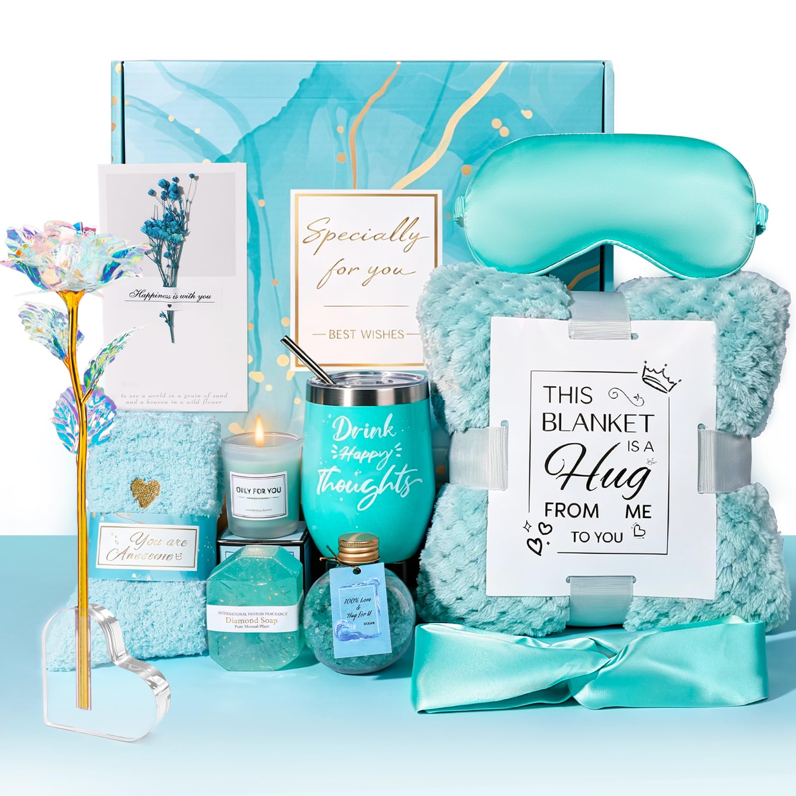 Birthday Pamper Gifts for Her,Unique Self Care Package,Gifts for Women,Relaxation Spa Bath Set Gifts for Mun with Luxury Flannel Blanket,Get Well Soon Gift for Wife Daughter Friends Sister Blue