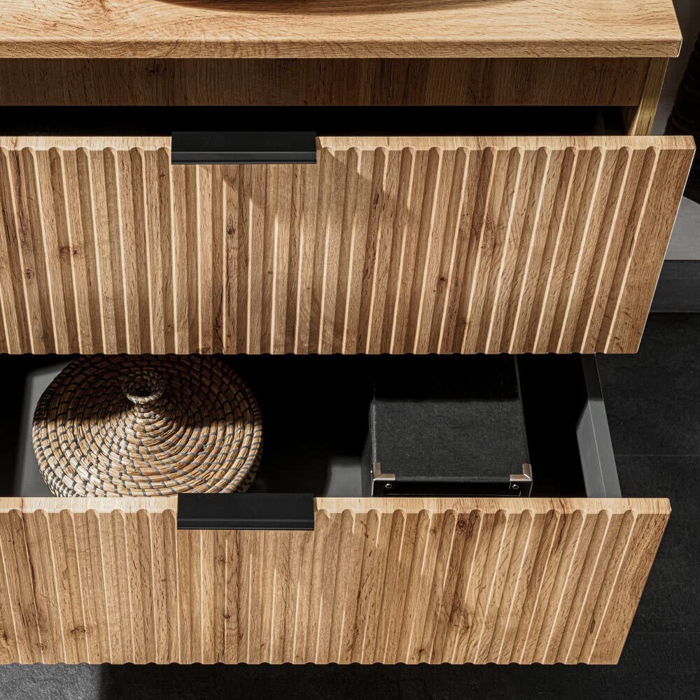 Lomadox Badezimmermöbel Waschtisch-Unterschrank 80cm Wotaneiche mit gerilllter Front Waschbecken Badschrank mit 2 Softclose-Auszügen, B/H/T ca. 80,6/59,2/46,5 cm