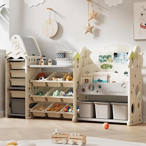 Pipleo Organizador de almacenamiento de juguetes para niños con 17 contenedores extraíbles, estantería de 4 niveles para niños, organizador de