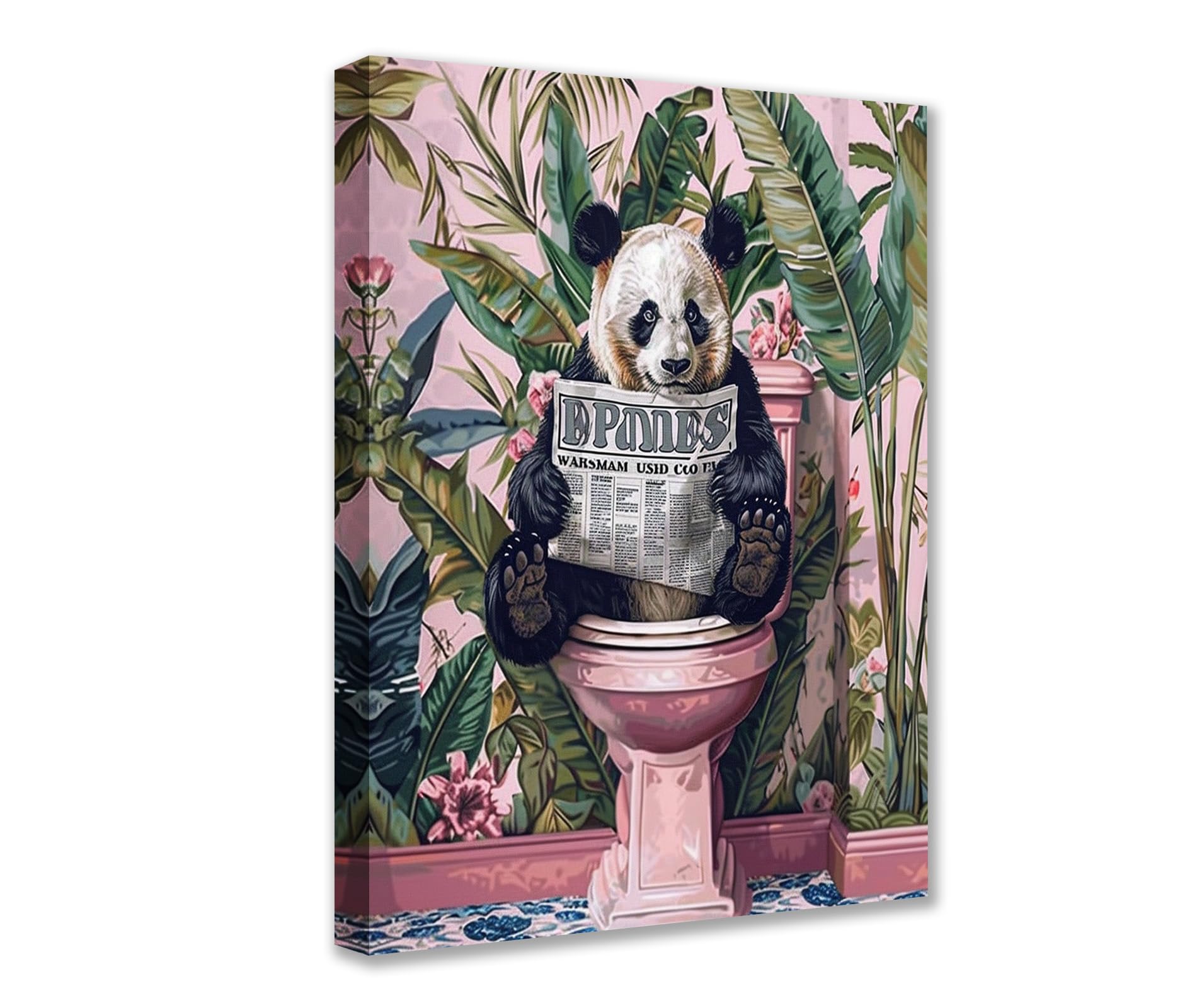 Tucocoo Cute Panda on Toilet Canvas Wall Art Animal Read Newspaper Picture 1P Tropical Plant Posters Prints Cute Modern Artwork for Living Room Bedroom Home Decor Framed Gallery-Wrapped Ready to Hang