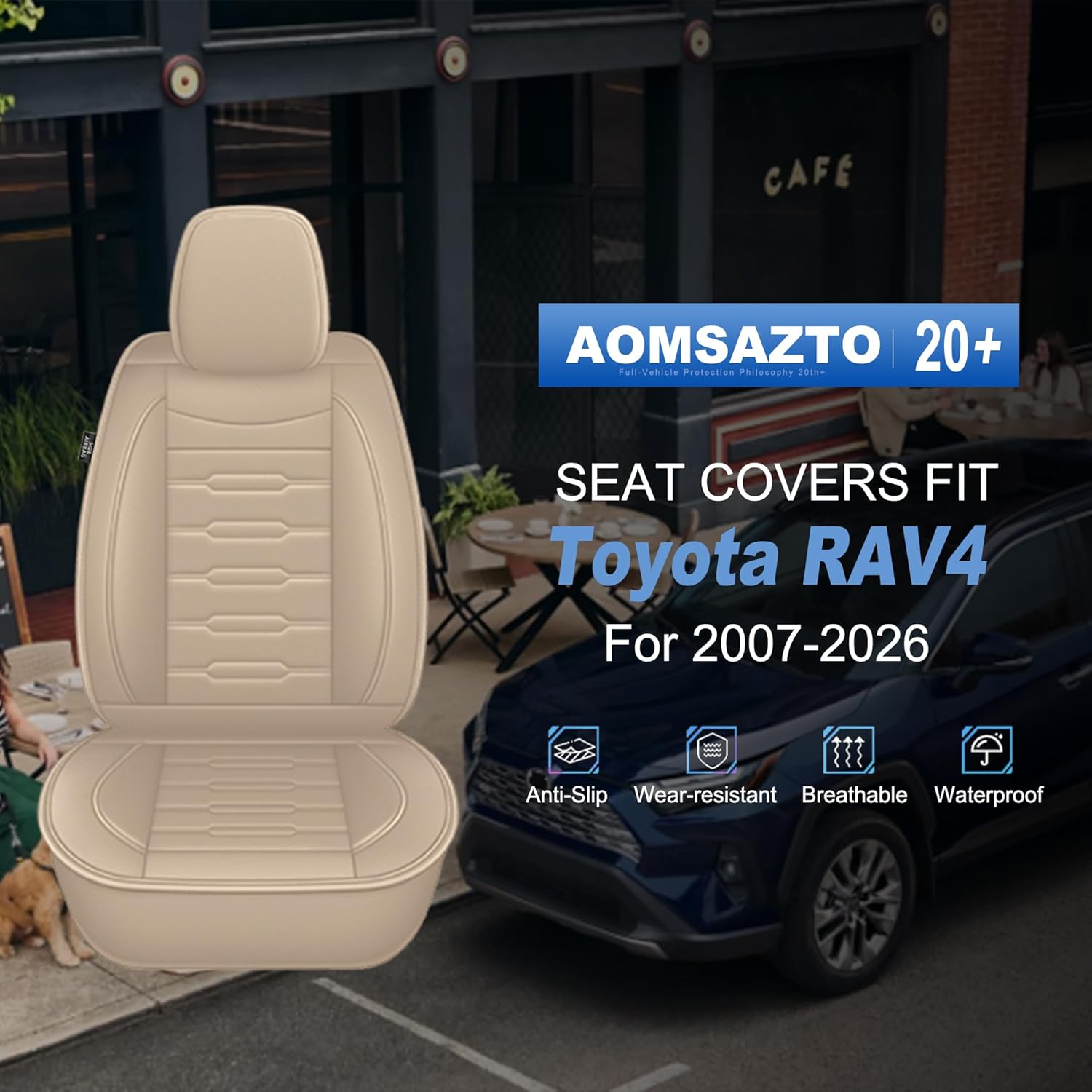 AOMSAZTO Leather Car Seat Cover Custom Fit for Toyota RAV4 2007-2025(Not Fit Hybrid) Faux Leather Car Seat Protector Vehicle Cushion Covers 2 Front Seat Beige