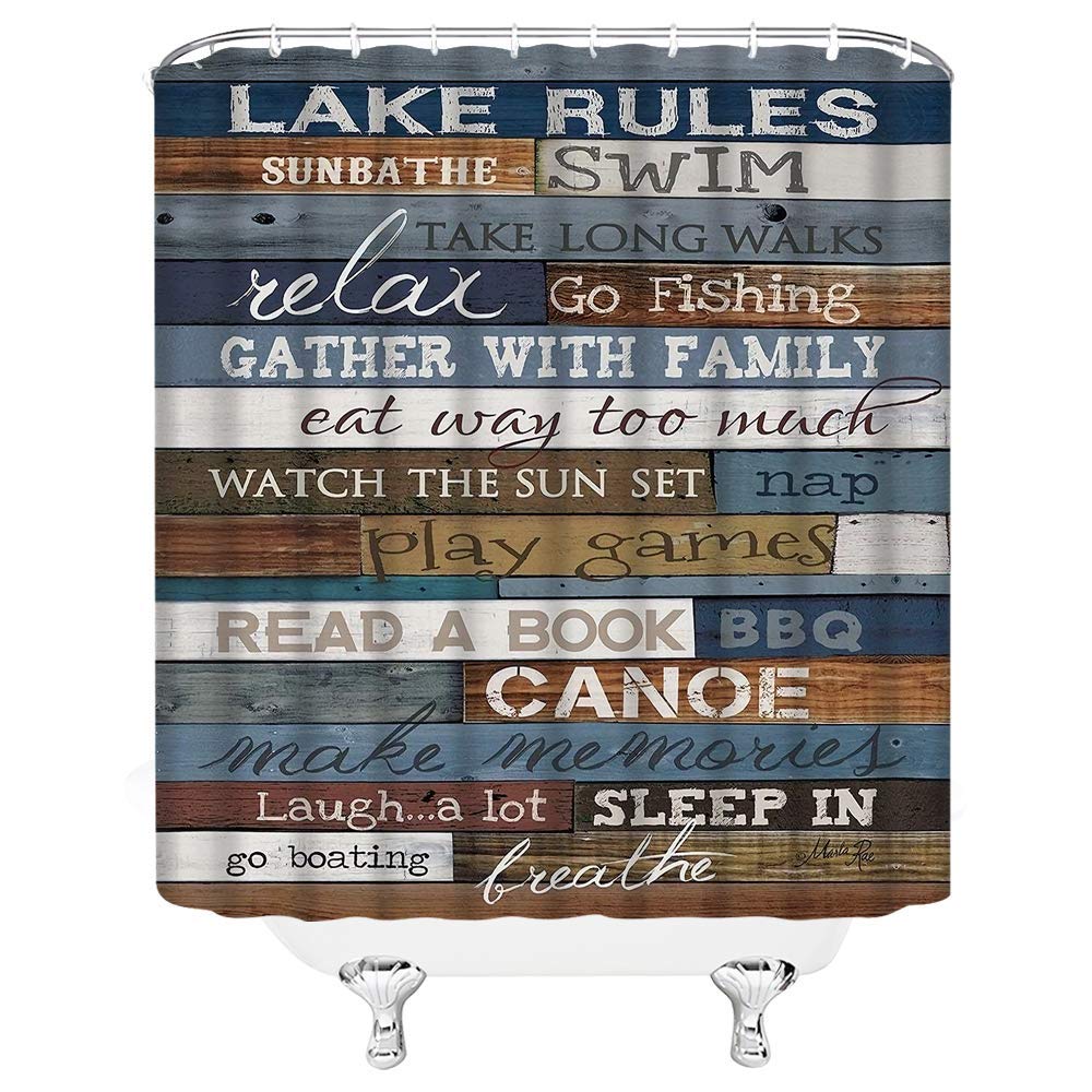 Sunhe Lake Rules of Cabin Shower Curtain Vintage Wooden Lake Rules Rustic Lodge Funny Inspirational Quotes Plank Camping Retro Farmhouse Bathroom Decor Fabric Curtain with Hooks