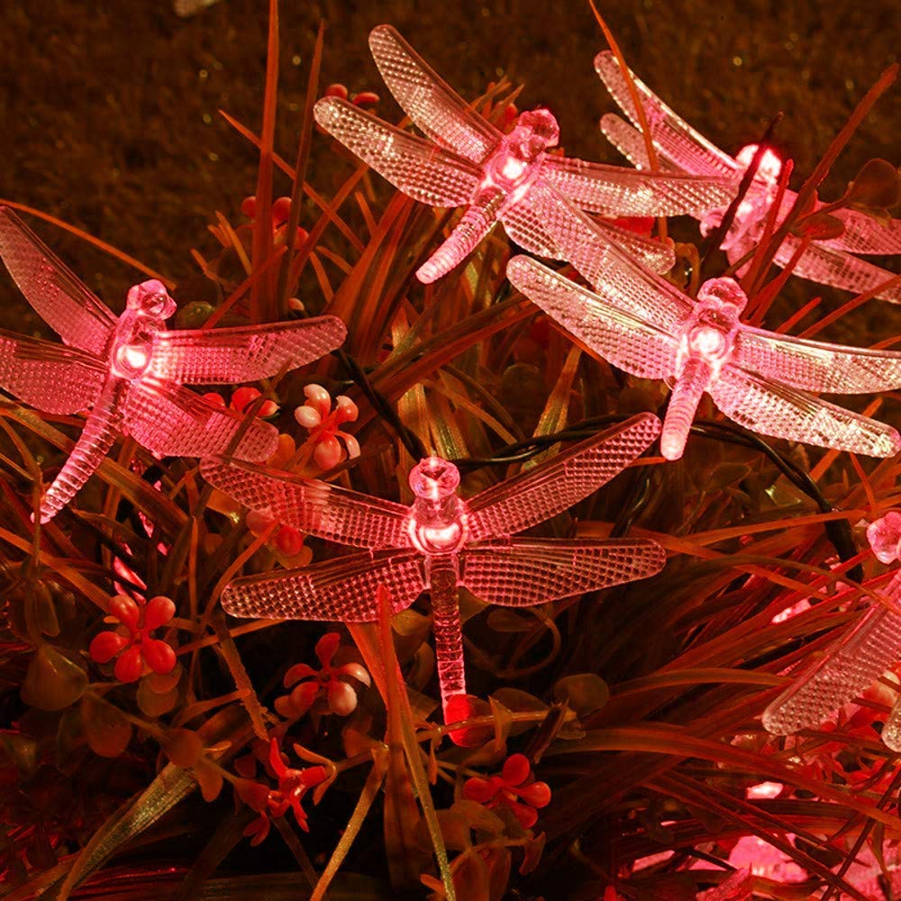 Catena luminosa solare a forma di libellula per esterni con telecomando, 22 m, 200 LED, impermeabili, 8 modalità. (rosso)