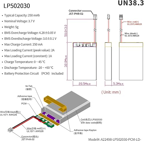 Miniatura 3 de EEMB Batería de polímero de litio de 3.7 V 250 mAh 502030 Lipo Batería recargable con conector JST de cable para VXI Blue Parrott - Confirma la
