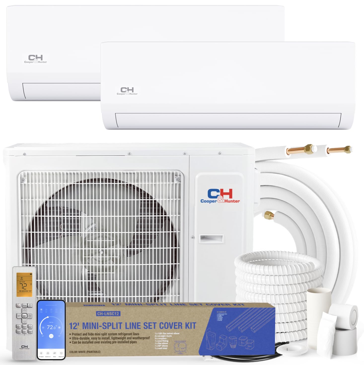 Cooper & Hunter 18,000 BTU Dual 2 Zone 9,000 + 9,000 BTU Mini Split AC/Heating Wall Mount System Including Installation Kits, Smart Kit, and Line Set