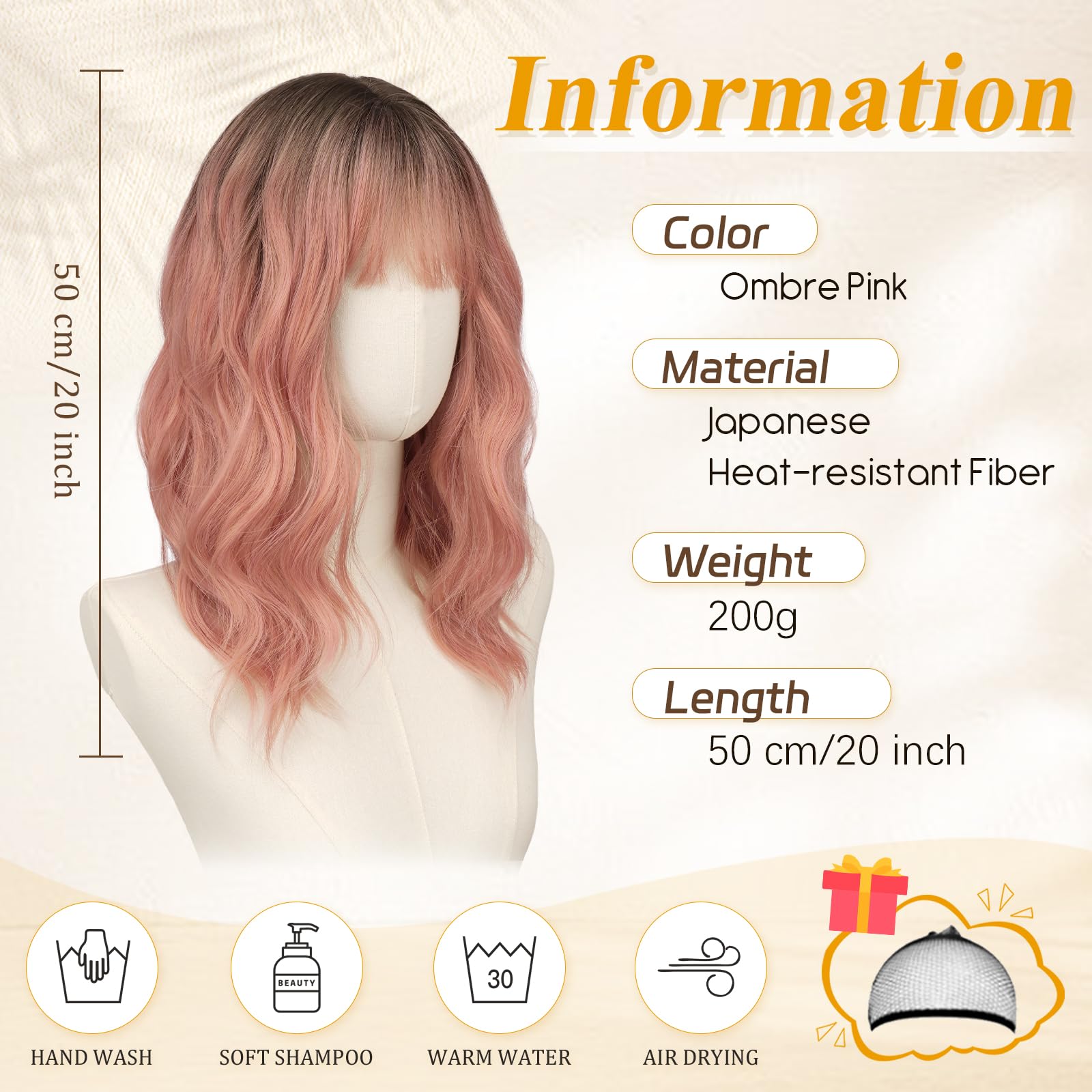 RUWISS Rosa Sfumato Parrucca Lunghe Ondulate con Frangia, 50 cm Stratificato Parrucche Donna Aspetto Naturale Sintetico Capelli Parrucche Quotidiano Partito Cosplay Uso