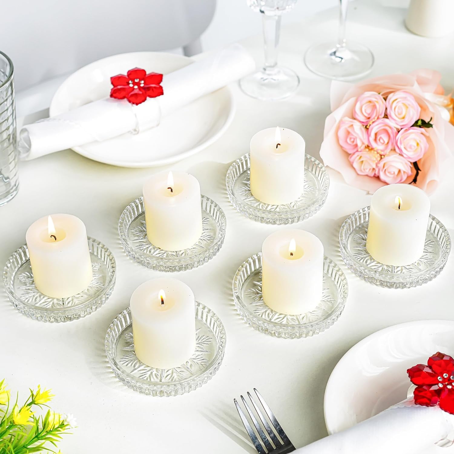 MYNA LIFE (Set of 6) 3.5 Inch Glass Candle Plates Round Votive Candle Holder Coaster Plate, Crystal Glass Candle Holder Plates for Pillar Candles, Clear Glasses Trays for Home Wedding Decoration 2