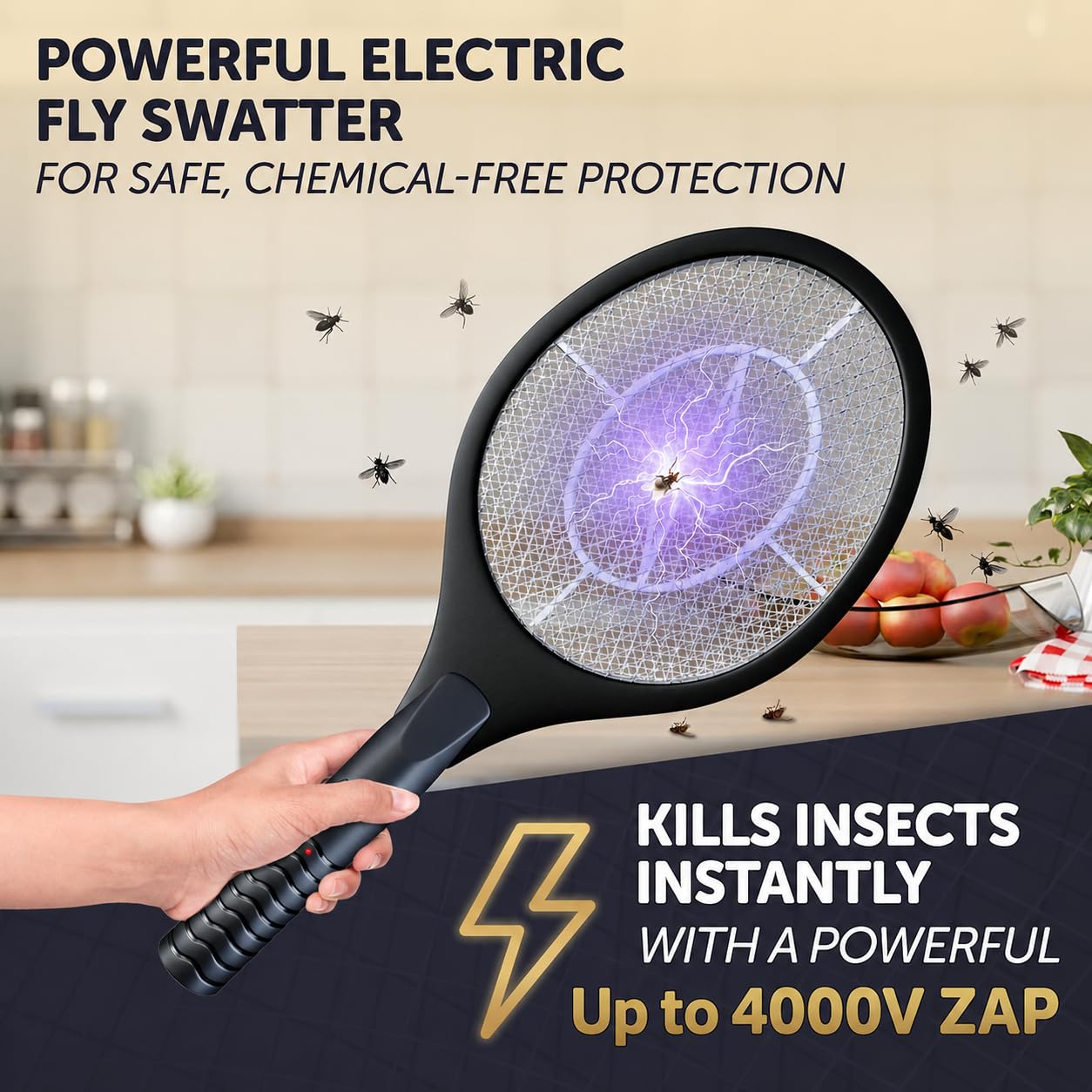 Raqueta matamoscas eléctrica y matamoscas para Control de Insectos en Interiores y Exteriores, Funciona con Pilas, Ligera y portátil, de Alto Voltaje, Color Negro
