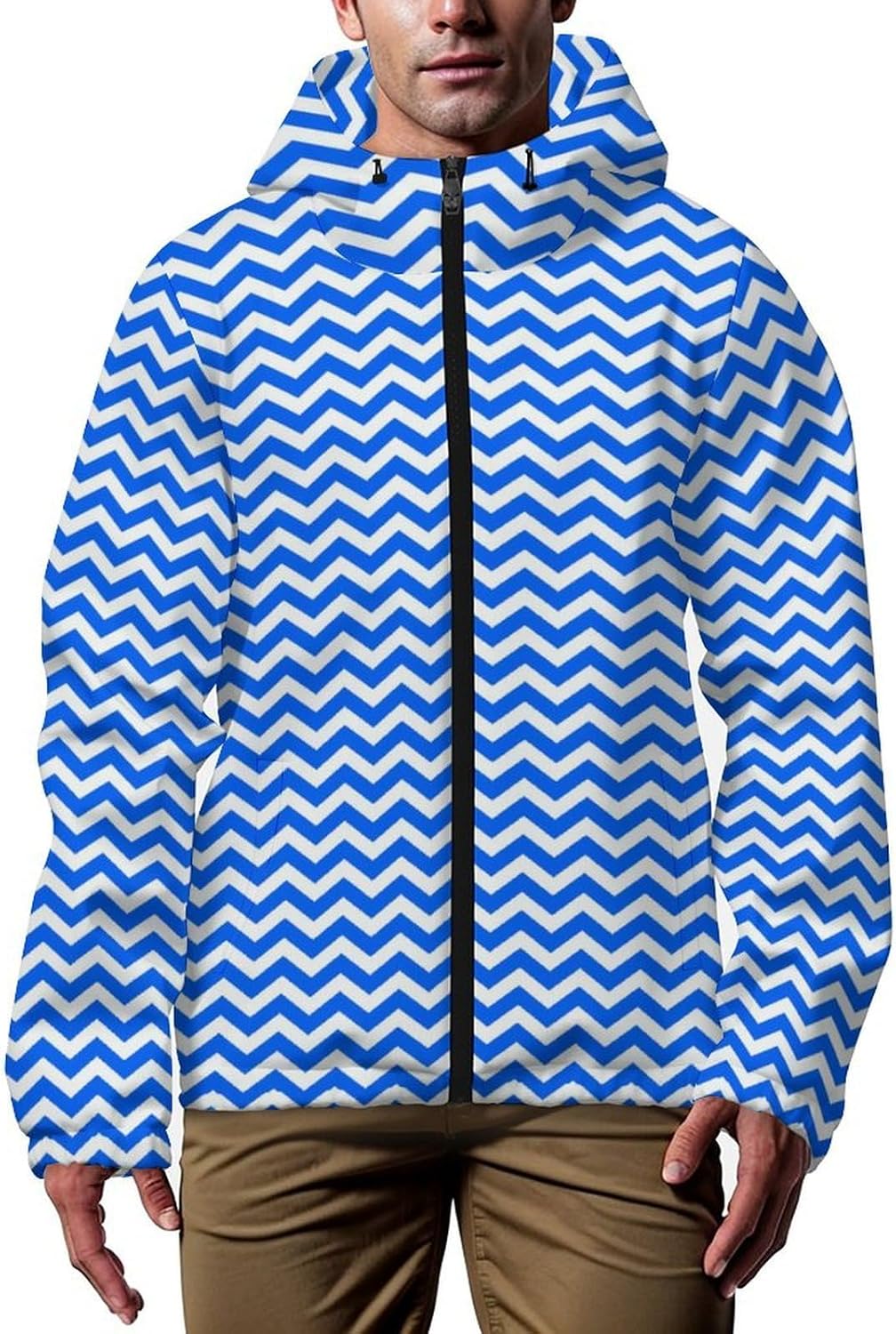 Glitter Red And White Wavy Stripes Men's Windbreaker Jacket Lightweight Hooded Windbreaker Coat with Pockets