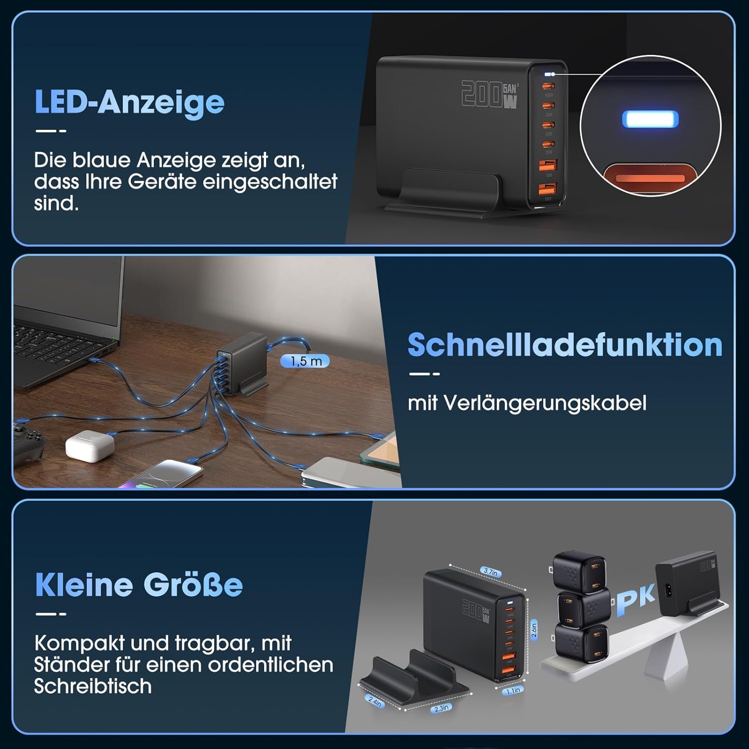 Ładowarka USB C 200 W, PD 100 W, szybkie ładowanie 6-portowe, ładowarka GaN-III, zasilacze kompatybilne z MacBook Pro/Air, Dell XPS, iPhone 15/16/14/Pro, Samsung, Xiaomi, iPady, Steam Deck
