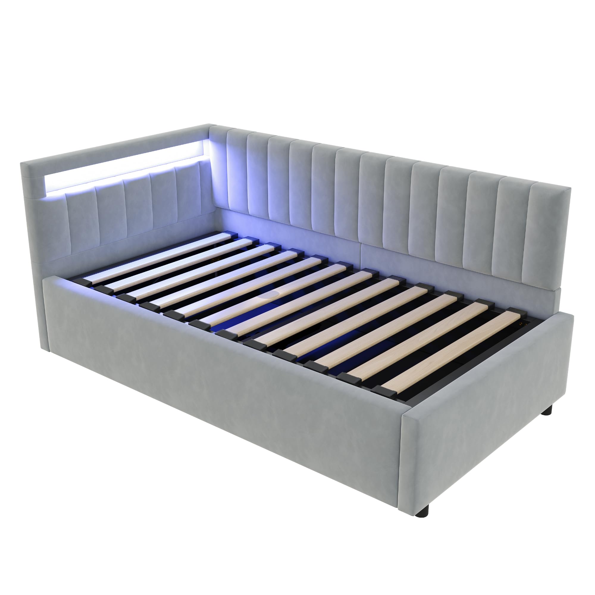 Divano letto imbottito 90 x 200 cm, con illuminazione a LED e spazio idraulico, design classico a righe verticali, testiere laterali con posizioni intercambiabili, rete a doghe, tessuto in velluto