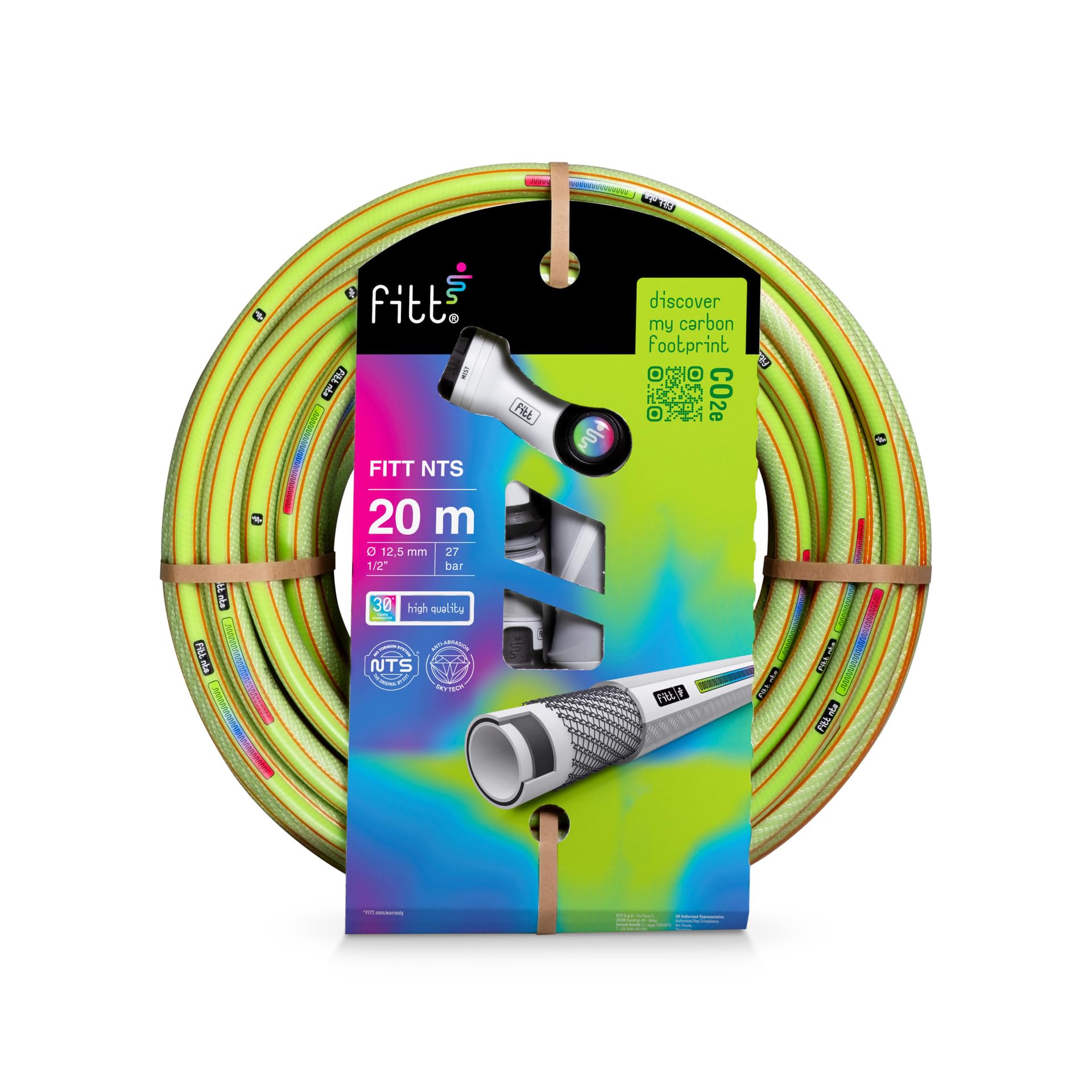Zestaw FITT NTS LIME 1/2" (12,5 mm) 20 m, wąż do nawadniania ogrodu, wytrzymały i plastyczny do intensywnego użytkowania z pistoletem wielostrumieniowym i złączkami