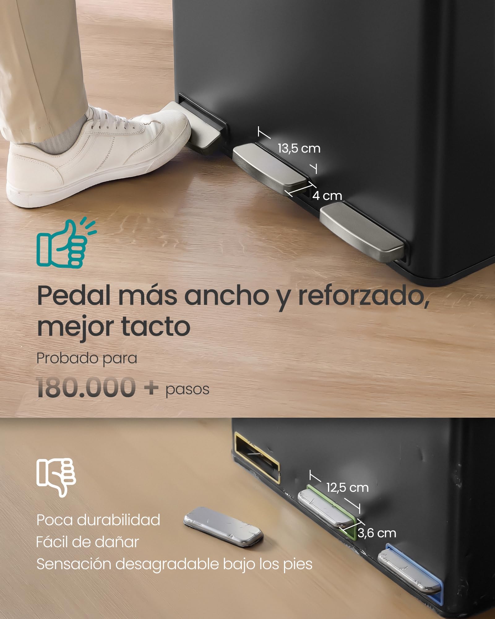 SONGMICS Cubo de Basura de Cocina de 3 x 15 L, con 3 compartimentos, 15 Bolsas, Cubos Extraíbles, Tapa, Asas, Cierre Suave, Acero, Negro Tinta LTB145BZ02