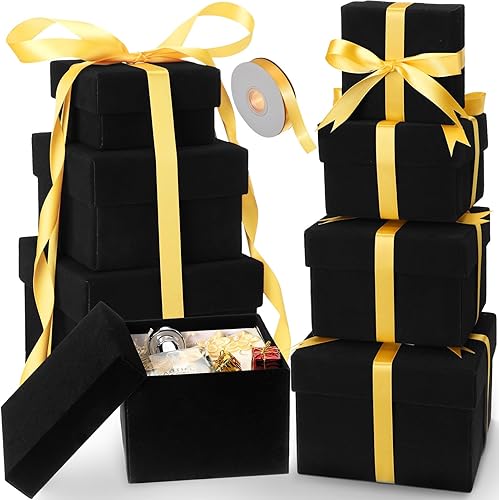Fulmoon 8 cajas de regalo cuadradas con tapas para regalos, cajas anidables de terciopelo de 4 tamaños, cajas de regalo apilables para graduación,
