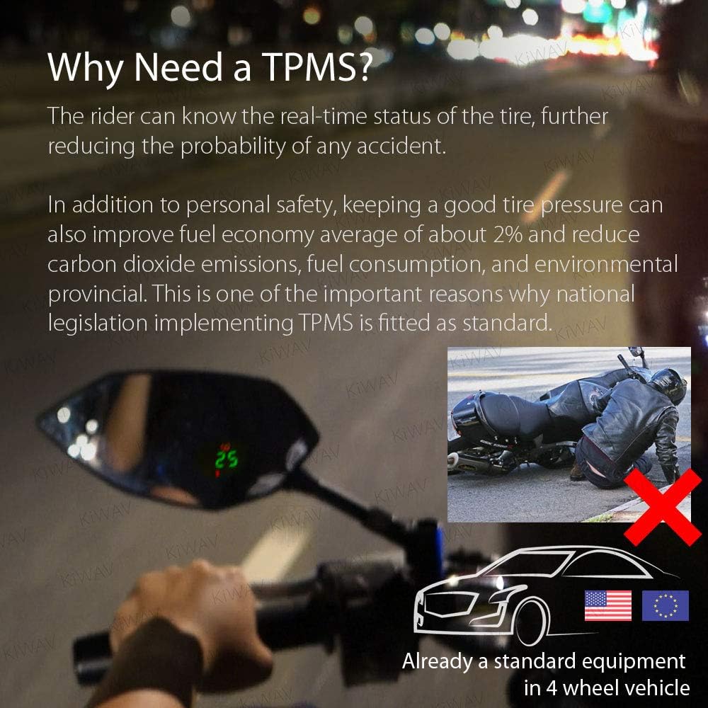 KiWAV Motorcycle TPMS Internal Sensor + Rearview Mirror Built-in Real-time Display Tire Pressure Monitor Metric M10/M8