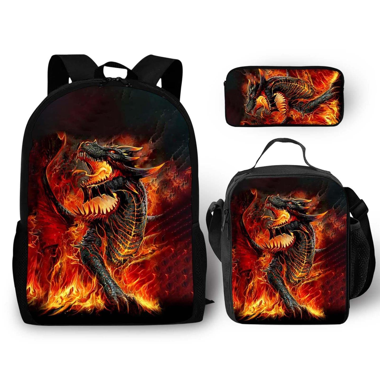 Wtiqlky 3 Piece Backpack Set Teens Dragon Canvas School Bags,Lunch Bags,Pencil Box 3 in 1