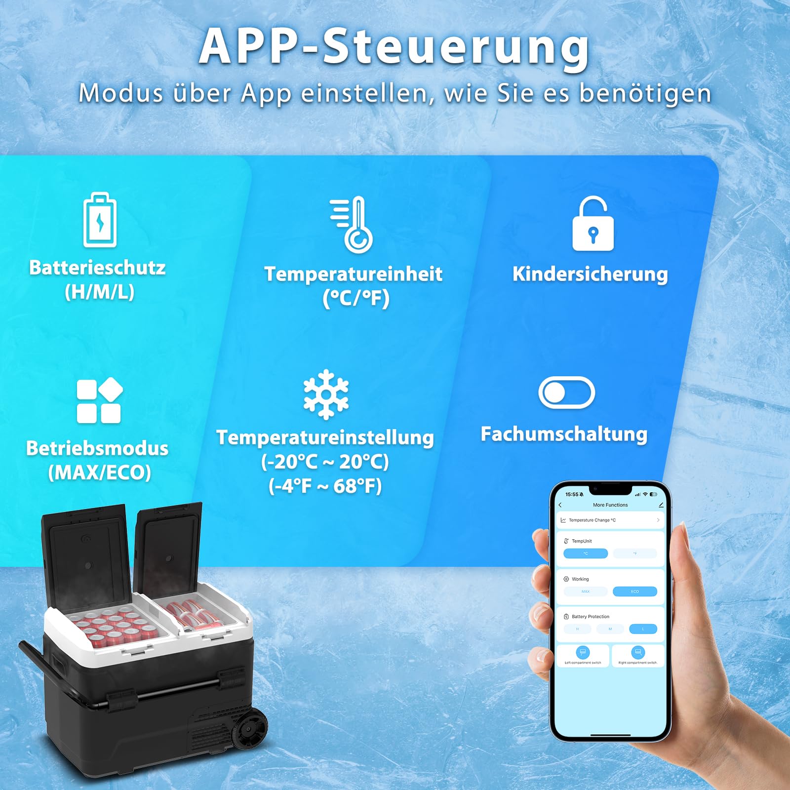 AS 40L Kompressor Kühlbox Dual Zone, Elektrische Kühlbox 12V /24V mit APP Steuerung, -20°C Tragbare Gefrierbox, kühlschrank mit Rollen und Teleskopgriff für Auto, LKW, Camping und Wohnmobil