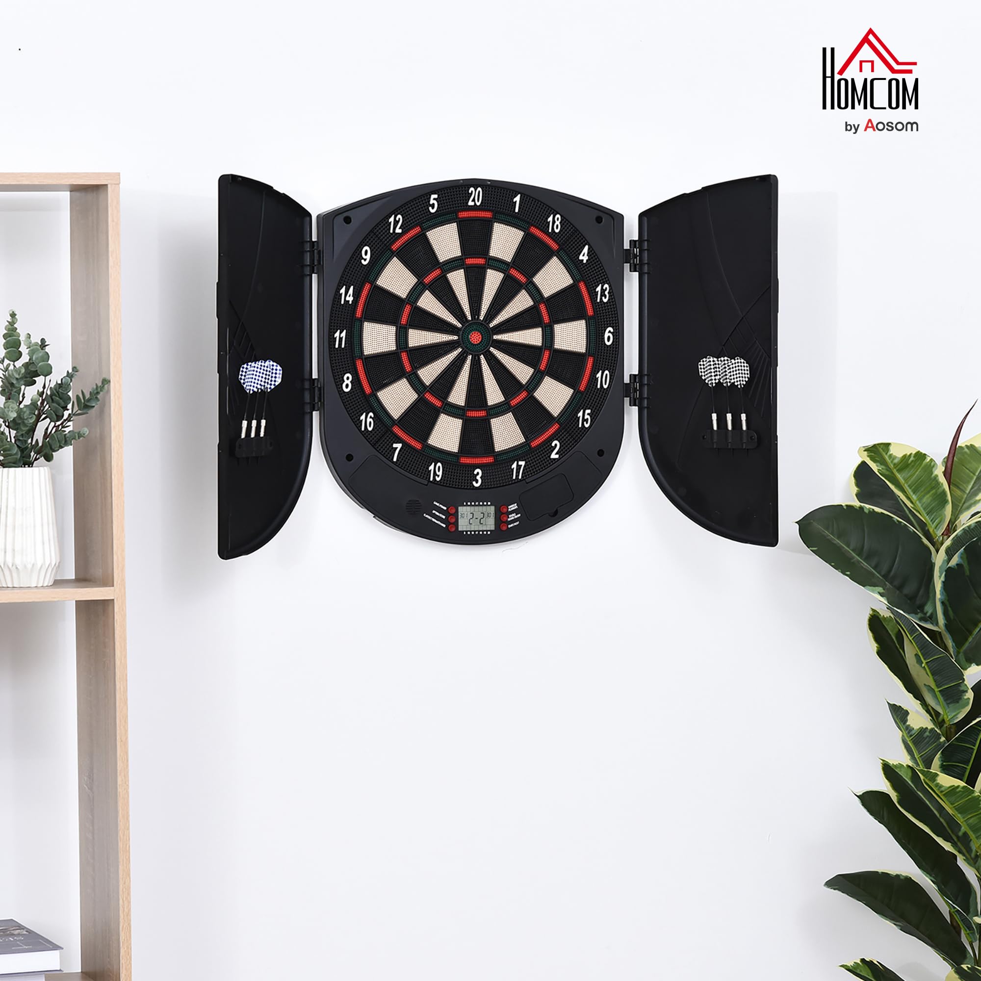 HOMCOM Cible de Jeu de Fléchettes Électronique Refermable avec 26 Jeux, Affichage LCD, Haut-Parleur, jusqu'à 8 Joueurs, Noir
