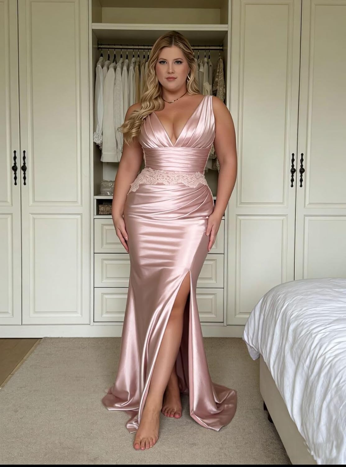 Lace Appliques Satin Prom Dresses with Slit 2026 Elegant Mermaid V Neck Formal Evening Party Gowns