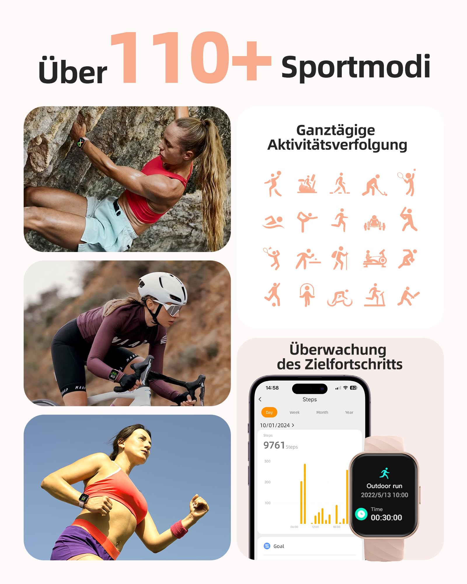Parsonver Smartwatch Damen 5ATM Wasserdicht Sportuhr Schwimmen 1,8" HD Fitnessuhr 100+ Sportmodi Herzfrequenz Schlaftracking Android iOS Roségold FF2