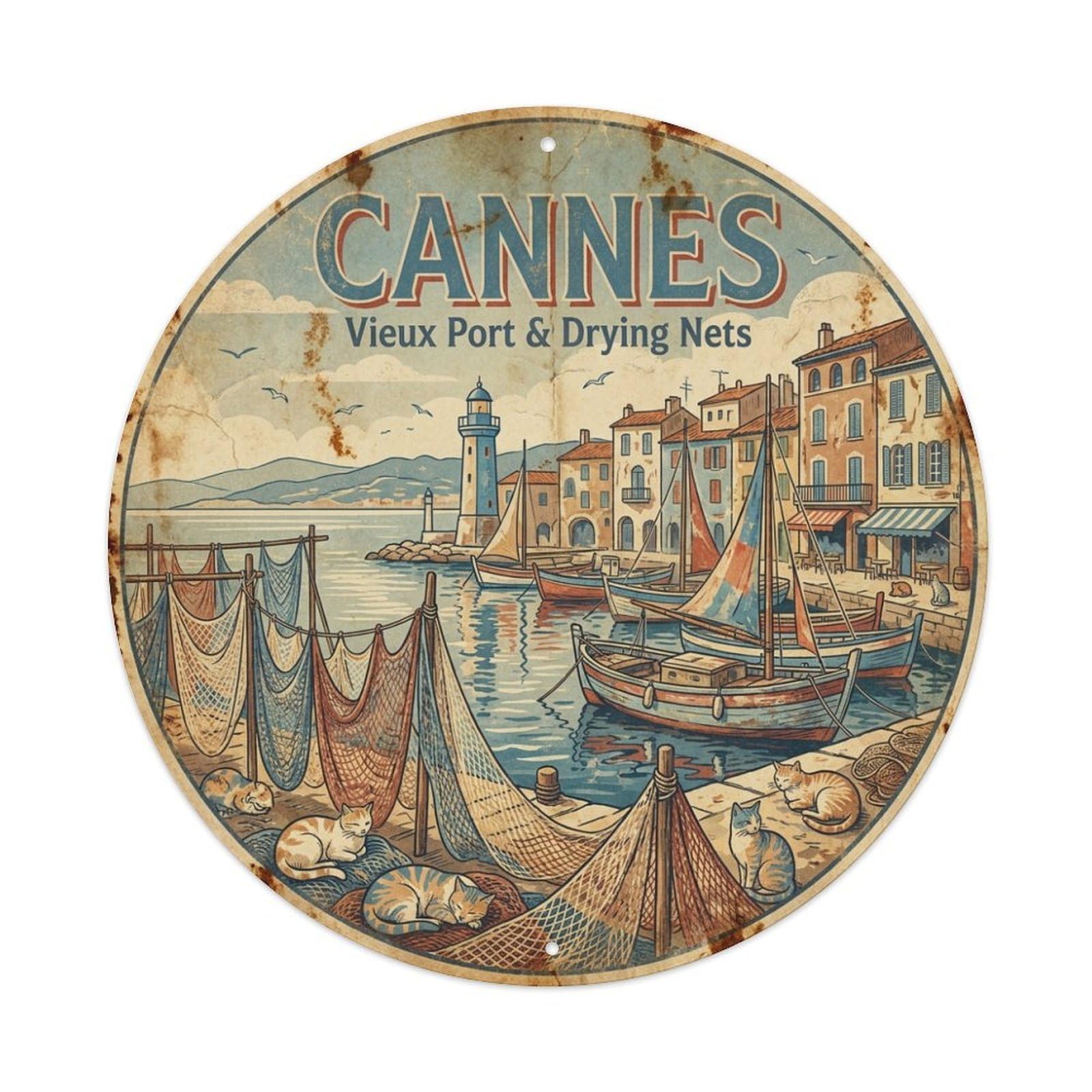 Culture Travel Cannes Riviera Old Harbor Drying Nets Metal Tin Sign