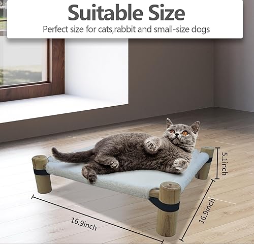 Miniatura 2 de Pozico Cama hamaca para gatos  Cama elevada de madera para gatosperros con tela de invierno de felpa  Mueble elevado para mascotas para perros