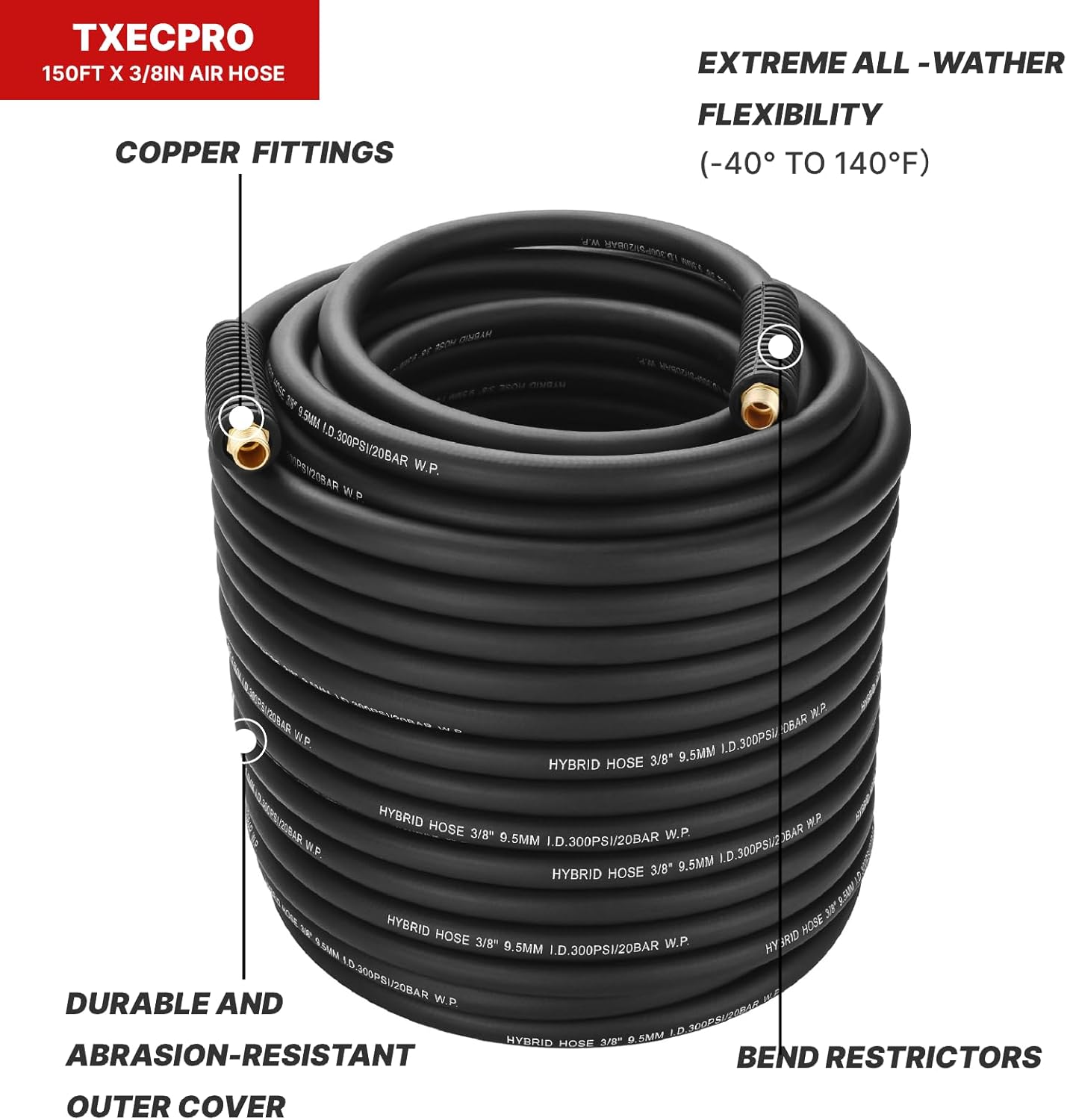 3/8" Hybrid Air Hose 150ft,1/4"MNPT Fittings,Heavy Duty Air Compressor Hose,Non-Kinking, Lightweight, Flexible In Extreme Cold Weather, Excellent UV, Oil and Abrasion Resistant,300 PSI