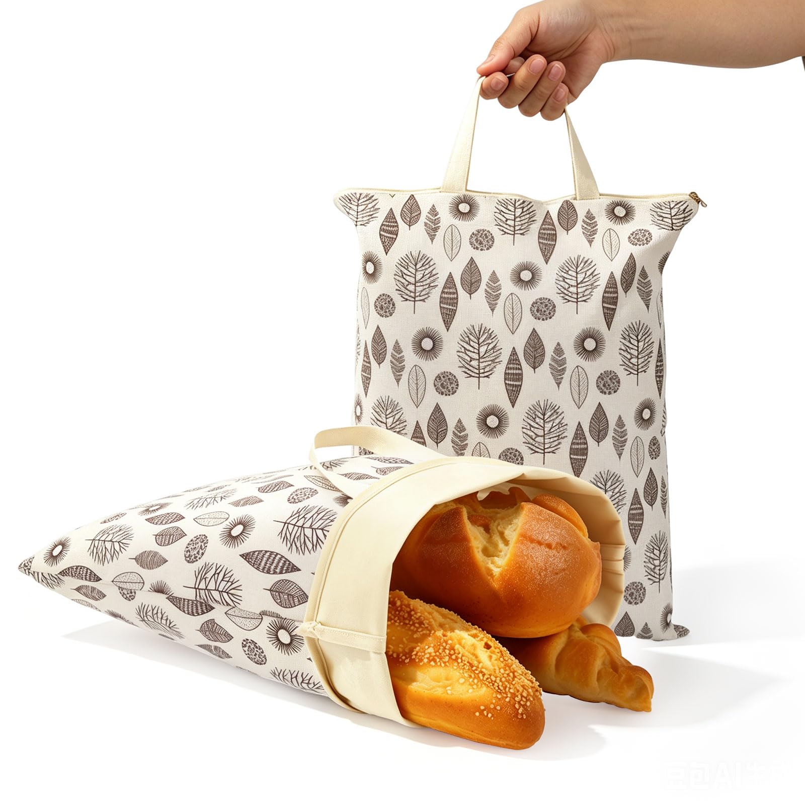 MENIBBLER 2 Pack Reusable Beeswax Bread Bag with Handle for Homemade Sourdough, 17x13 Inch Linen Food Storage Pouch with Wide Zipper, Washable Fresh Keeping Loaf Bag, Homesteading Bakery Gifts