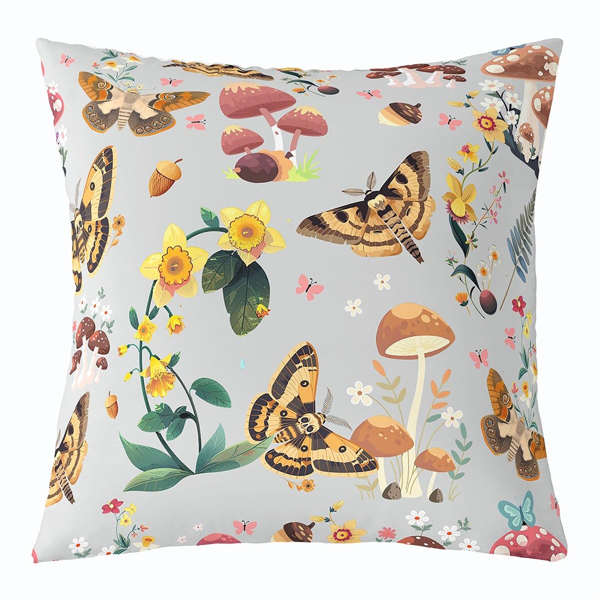 Loussiesd Cute Grey Mushroom Decor Cushion Covers Set of 1 45x45cm For Bed Sofa Chair Kids Boys Girls Teens Death Moth Pillow Cover Kawaii Fungus Cushion Case Floral Print Pillow Cases