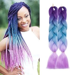 وصلات شعر كروشيه مضفرة بطول 61 سم، ضفائر صندوقية مصنوعة يدويًا من الفايبر الصناعي تتحمل درجات الحرارة العالية للنساء والأطفال، أرجواني، أزرق، وردي (مجموعة من حزمتين)