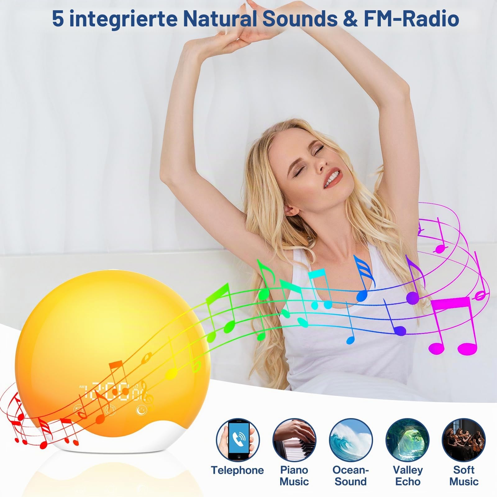 Lichtwecker,Tageslichtwecker Doppelalarme,Sunrise Licht Wecker mit Sonnenaufgang Sonnenuntergang Simulation,Wake Up Light Wecker Licht mit 5 Alarmton FM Snooze,Nachttischlampe für Kinder
