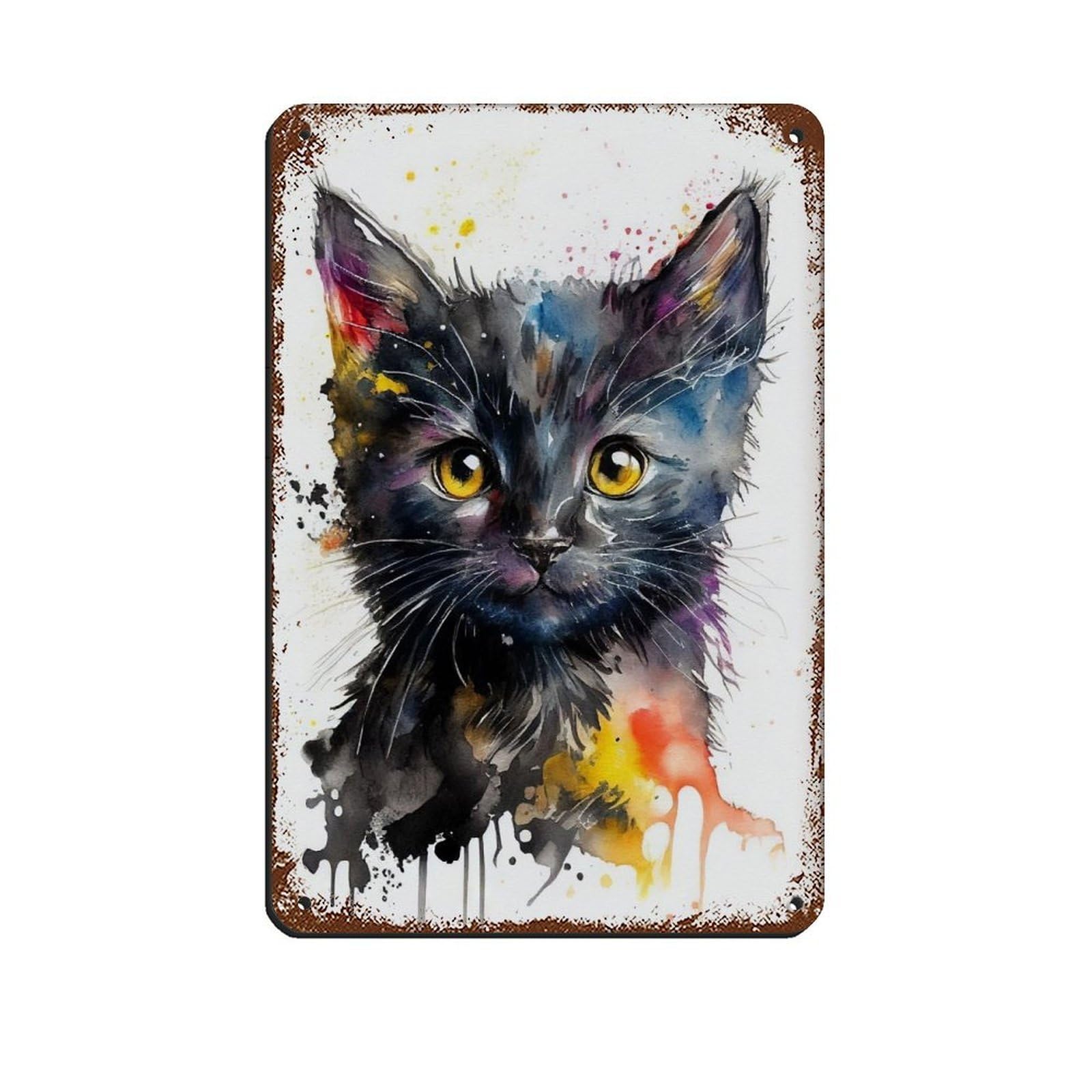 Watercolour Kitten Portrait Poster Tin Sign Vintage Metal Pub Club Cafe Bar Home Wall Art Decoration Poster Retro 8x12inch(20x30cm)