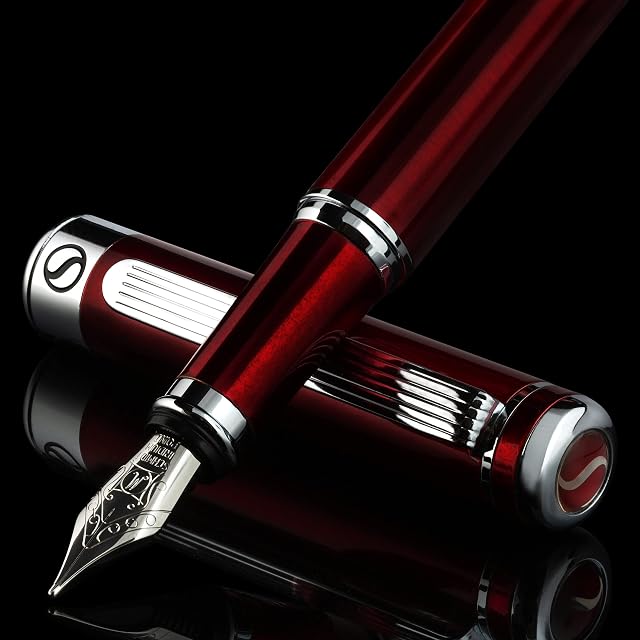Scriveiner Red Lacquer Fountain Pen Stunning Pen with Chrome Finish, Schmidt 18K Gilded Nib (Medium), Best Pen Gift Set for Men & Women, Professional, Executive, Office, Nice Pens
