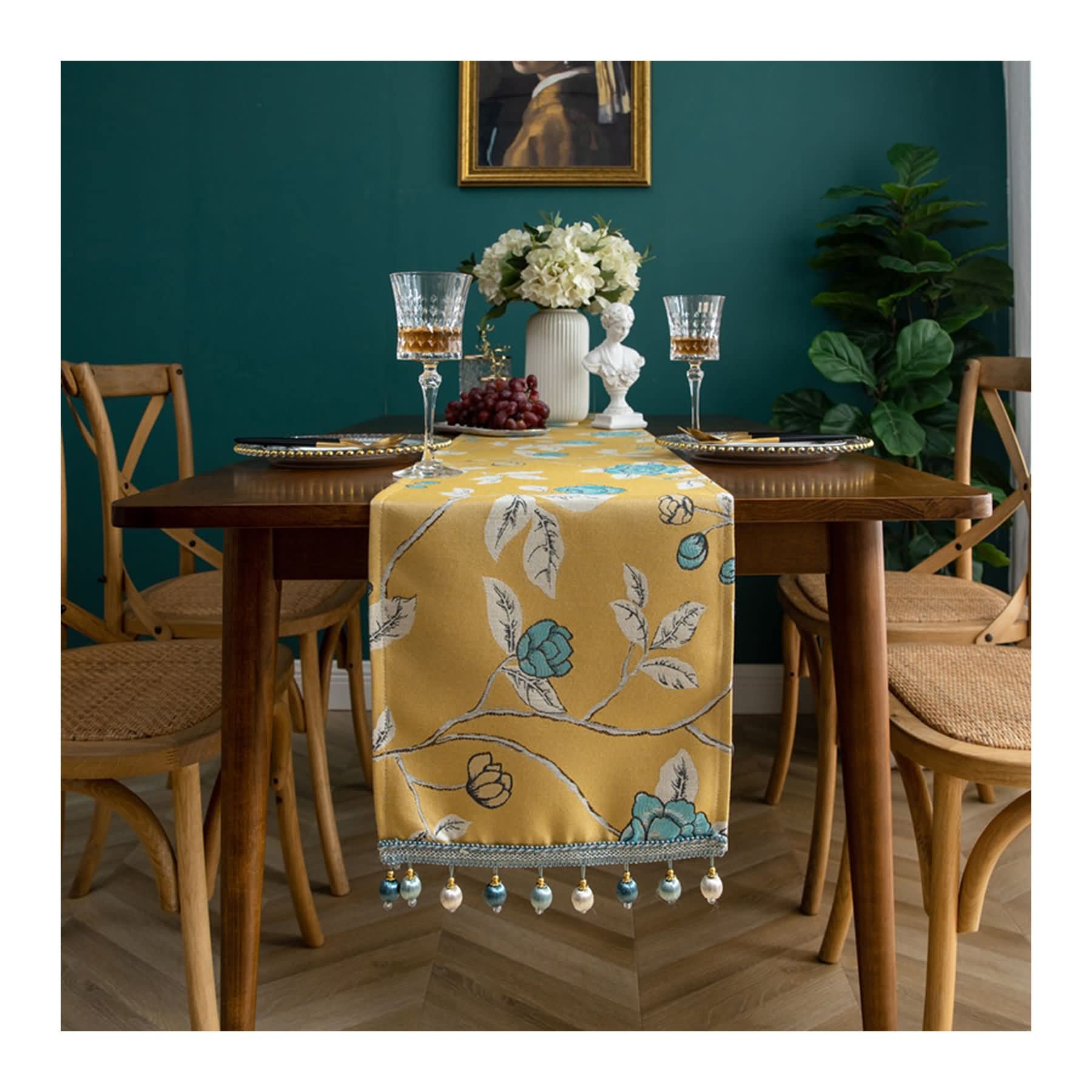 Dekostoff Tischläufer Modern, Polyester Tischläufer Abwaschbar Weihnachtlicher Tischläufer Wohnzimmer Zweige mit Blumen und Blättern Gelb 33x180CM