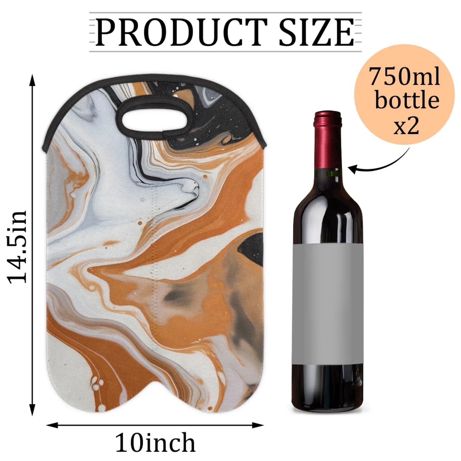 GzLeyigou 2 Bottles Luxurious Marble Texture Wine Bag Sleeve Totes Orange Neoprene Protective Wine Carrier Bag for Wine,Water, Champagne, Beer, Baby Bottles,Gift 14.5 x 10 Inches