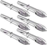 HINMAY Mini Stainless Steel Food Tongs 7-Inch Set of 6 with Sliding Rings - Clam Shell Serving Tongs for Appetizers, Salads, Desserts, BBQ (Silver)