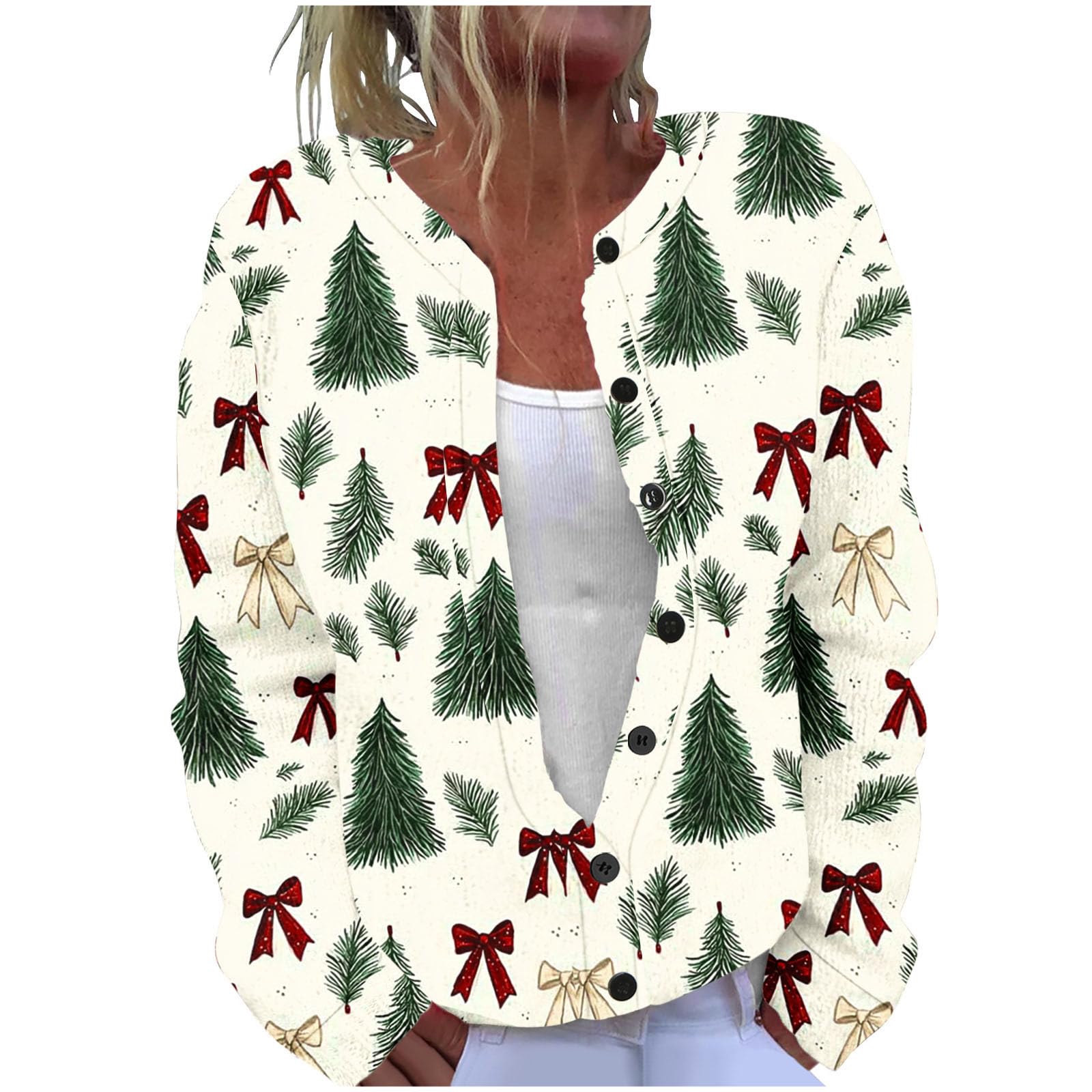 Womens Button Knit Cardigan Christmas Sweater Merry Christmas Tree Lights Bright Holiday Xmas Outerwear