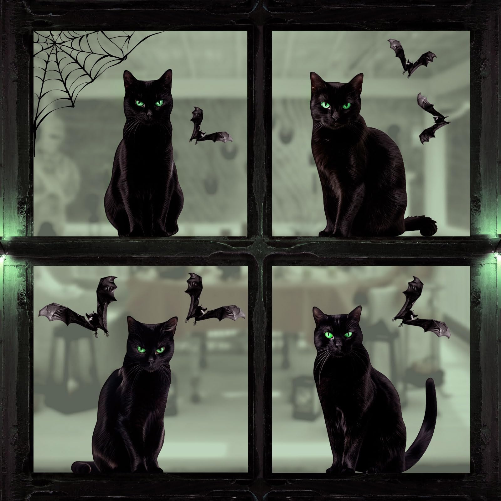 Halloween Decorations Window Clings: 4 Large Realistic Black Cats Halloween Window Stickers Spiderweb Bats Silhouette Window Decals Indoor School Home Office Party Decor for Glass Windows, 6 Sheets