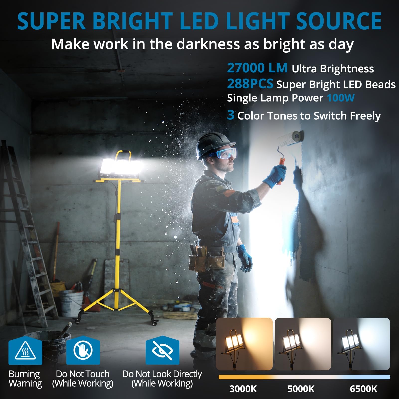 AUTOUTLET Reflektor budowlany LED ze statywem i kółkami, 300 W, 27000 lm, 3 temperatury barwowe, statyw z regulacją wysokości, kabel 5 m, wodoszczelność IP66, zdejmowana lampa budowlana do garażu, na
