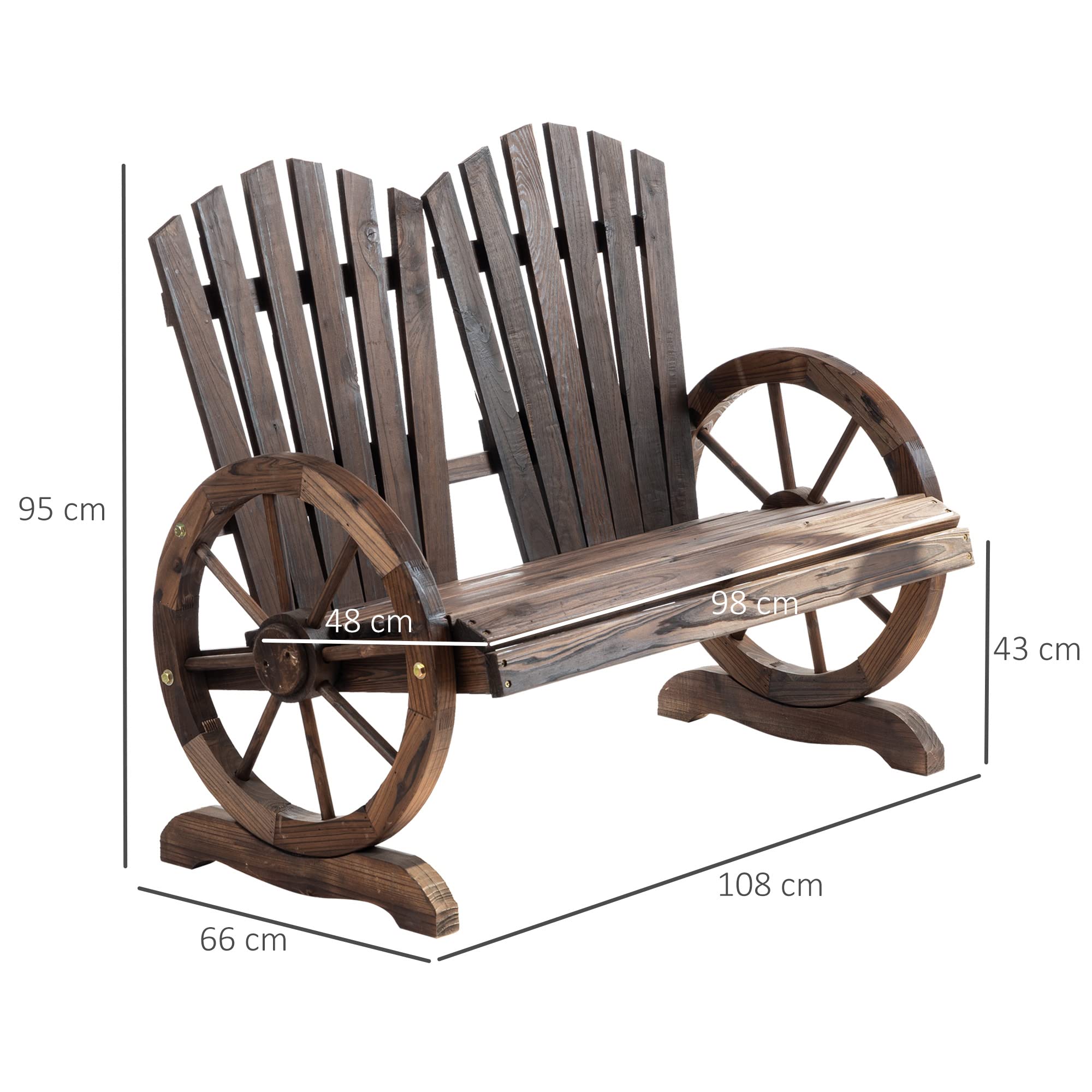 Outsunny Panchina da Giardino da 2 Posti con Braccioli a Forma di Ruota, Panchina da Esterno a Doghe in Legno di Abete, Panca per Terrazza Patio e Cortile, 108x66x95 cm, Carbonizzato