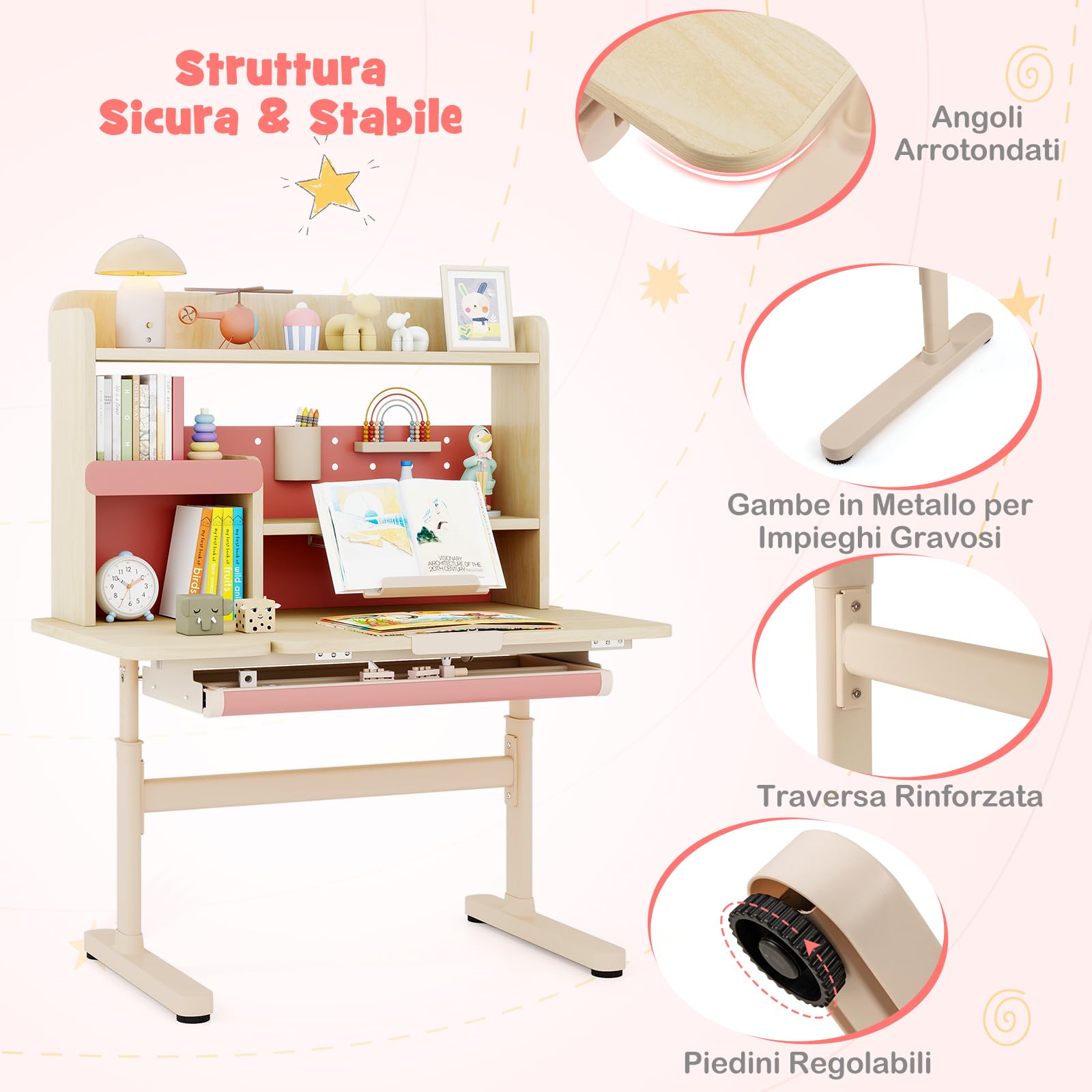 COSTWAY Scrivania per Bambini 3+ Anni, Tavolo da Studio Regolabile in Altezza con Libreria e Cassetto, Piano Inclinabile, Mensole, Leggio e Portapenne, Scrivania per Studiare (Rosa)