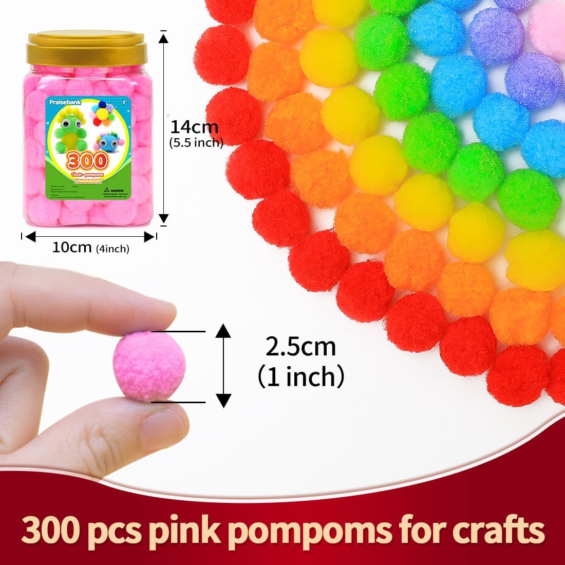 Praisebank Light Pink Pom poms,300pcs,1inch/2.5cm, Pom Poms for Arts and Crafts, Pom Pom Balls for Crafts. image 2