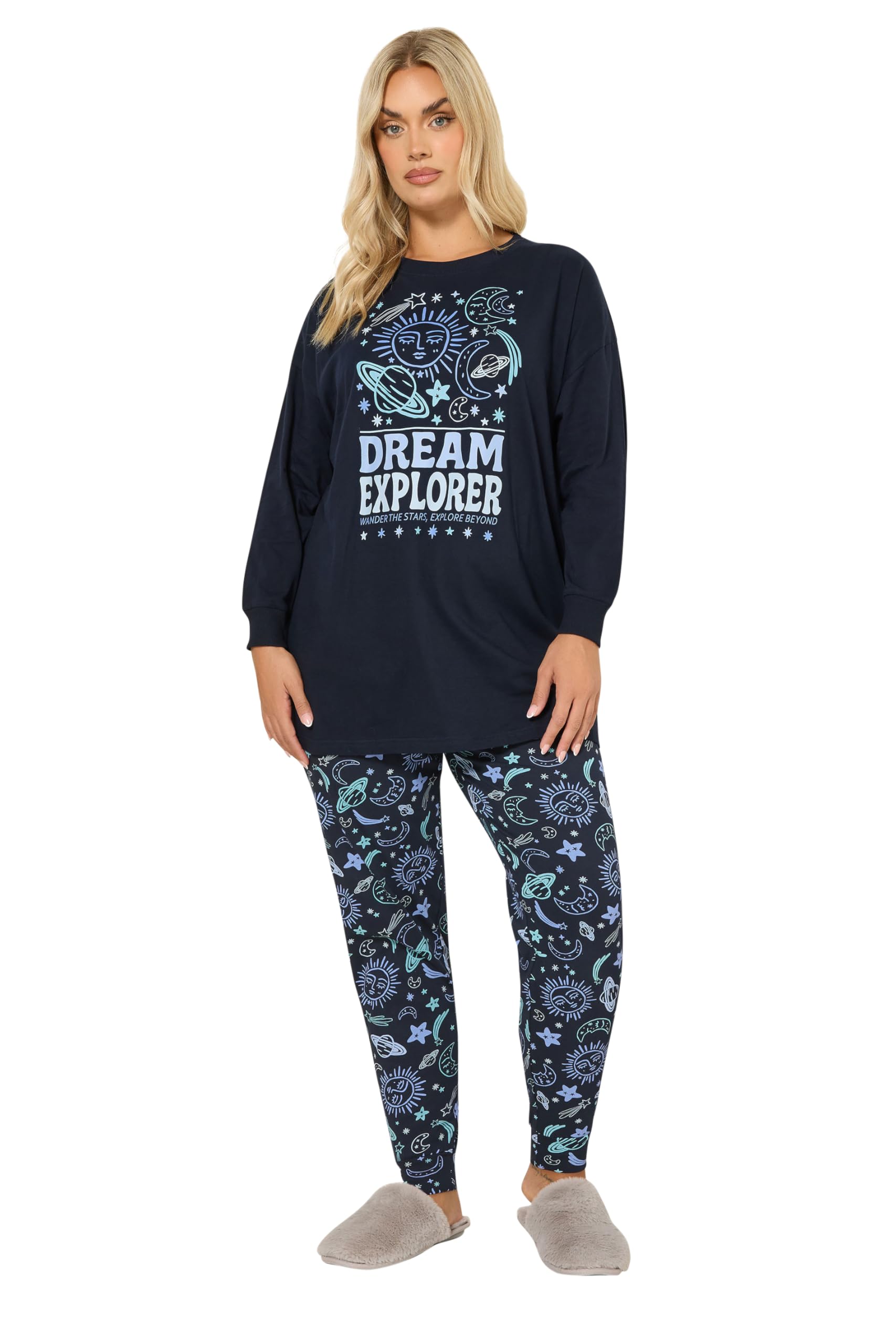 Yours Women's Navy Curve Blue 'Dream Explorer' Cuffed Pyjama Set - Plus Size Curve