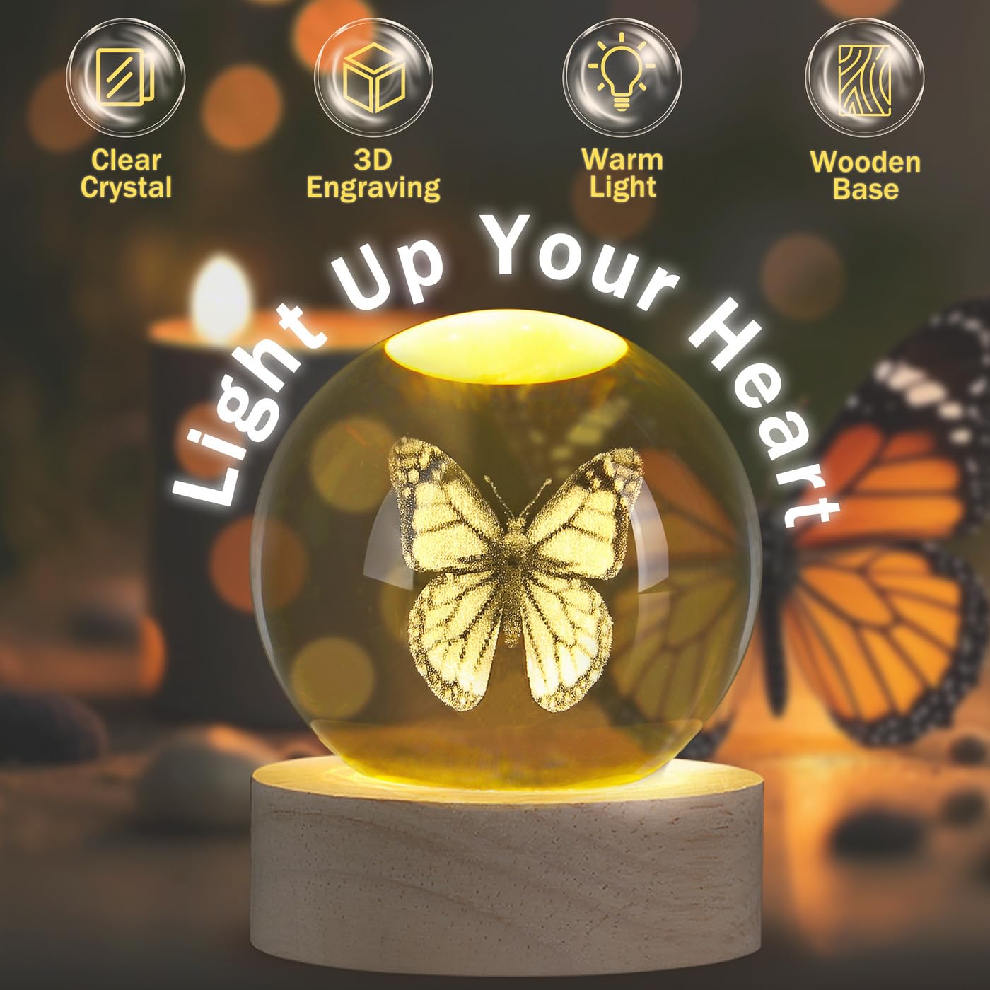 Sahoottie 60mm Butterfly 3D Engraved Crystal Ball with Wooden Base Glass Paperweight Butterfly Gift for Women Figurine Glass Ornament Decoration - Image 4