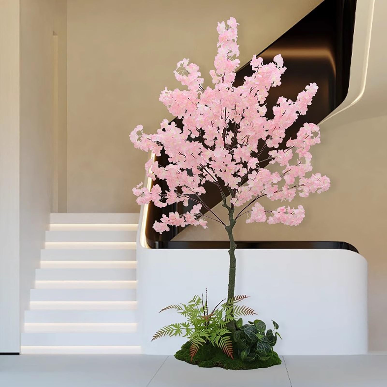 Plantes Artificielles Imitation Cerisier en Fleurs avec Mousse Verte Artificielle, Superbe Faux Arbre de Plantes D'extérieur pour Porche de Patio, Pot Décoratif avec Fleur Presque Naturelle(H 200cm(6.
