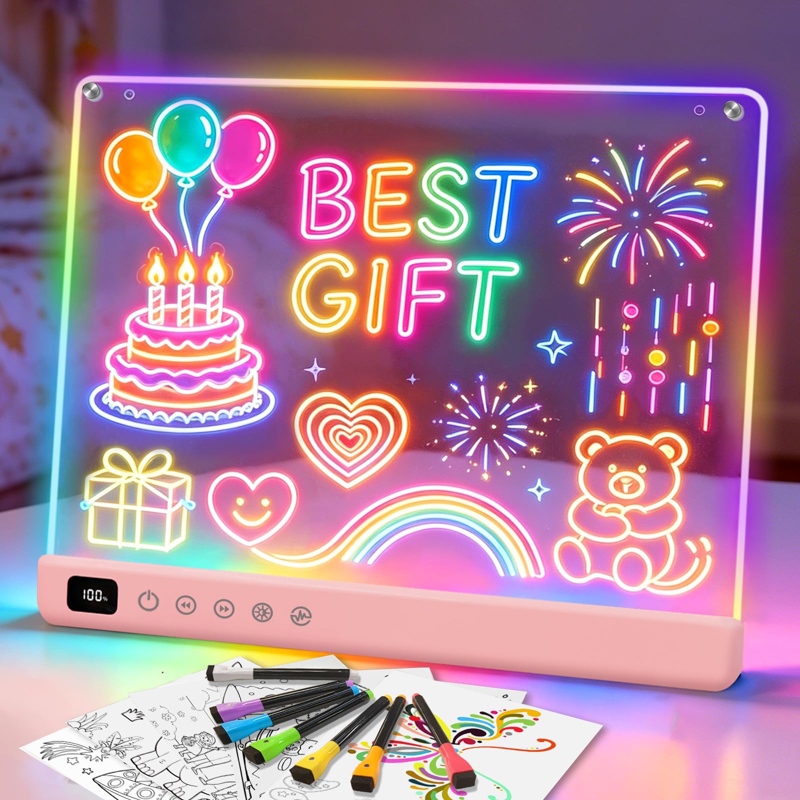 Cosmody Rechargeable LED Drawing Board,Gift for Boys Girls Ages 3+ (Pink)