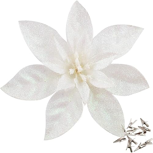 GL-Turelfies - 12 flores de Navidad con purpurina (6.3 in6.3 pulgadas) con 12 clips de flores de pascua artificiales, decoración de flores de árbol