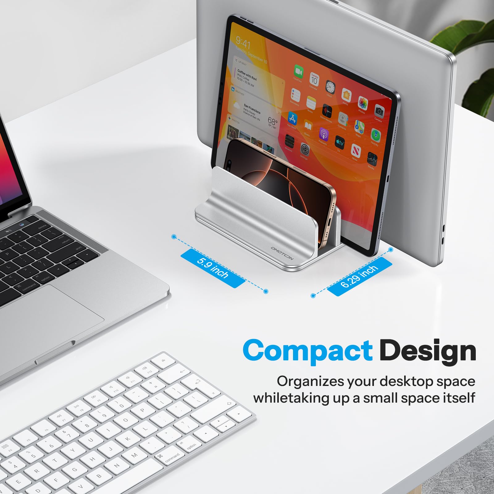 OMOTON Support Vertical pour Ordinateur Portable à 3 Emplacements, Support de Bureau en Aluminium, Dock Réglable, Compatible avec MacBook et Tous Les Ordinateurs Portables (jusqu'à 17,3''), Argent
