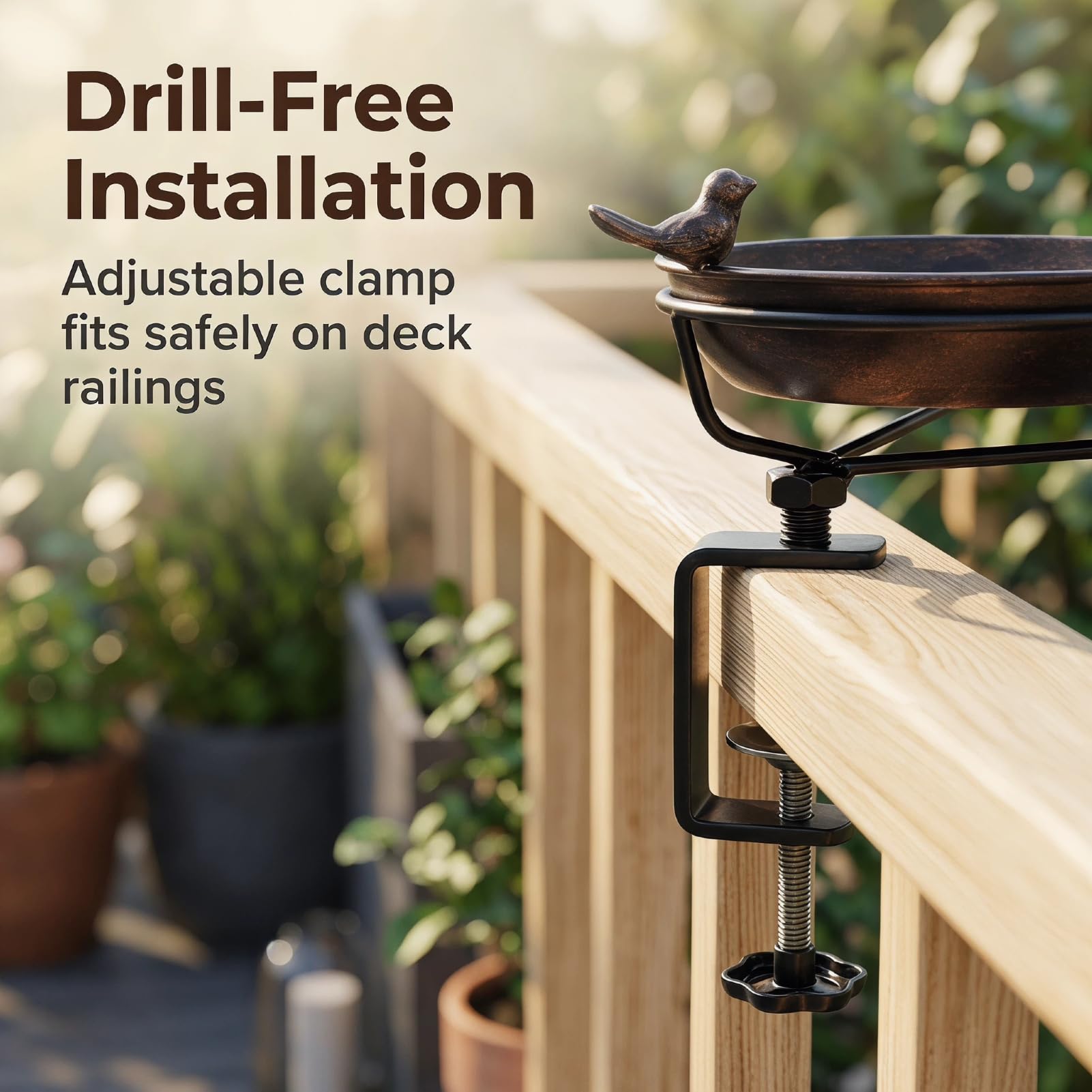 Bain Oiseaux Exterieur – Rond, en Fer avec revêtement Anti-Rouille, Support réglable sans perçage, Convient pour Balcon, Jardin et terrasse, Ø 30,5 cm, Profondeur 5 cm (Marron foncé)