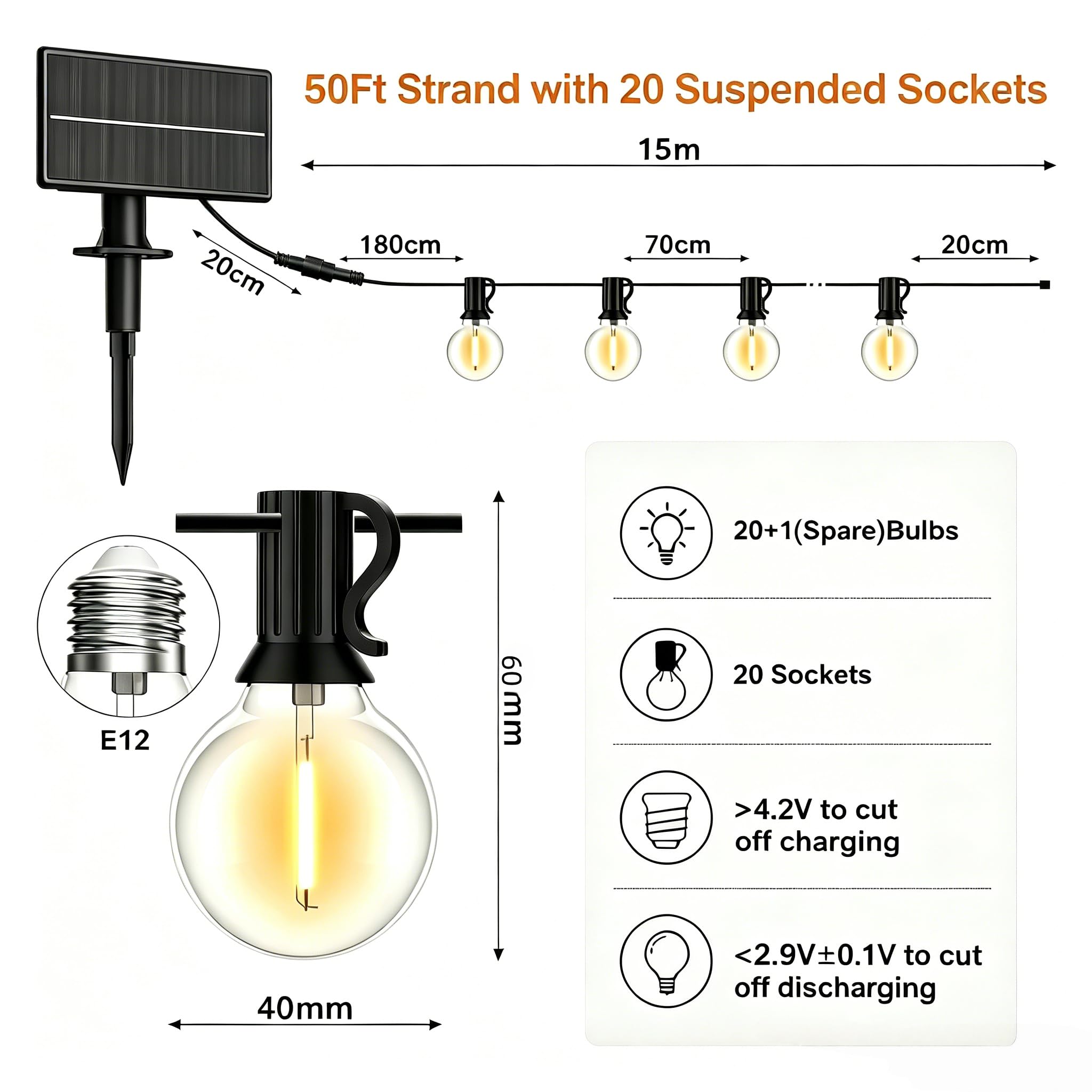 GPATIO Solar Lichterkette Outdoor Außen, 15M 20+1 Bulbs mit USB-Notladung | IP65/IP44 wasserdicht, bruchsichere Birnen, 3 Lichtmodi, 7h Auto-Aus, Dämmerungsschalter, 10–12h Leuchtdauer